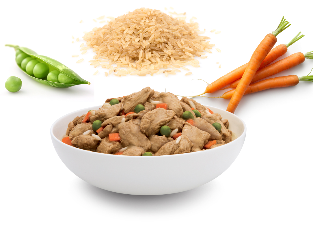 A bowl of pet food with carrots, Peas and rice