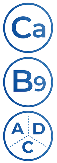 A set of three icons: a calcium icon, a B9 icon, and a vitamin A, D, C icon